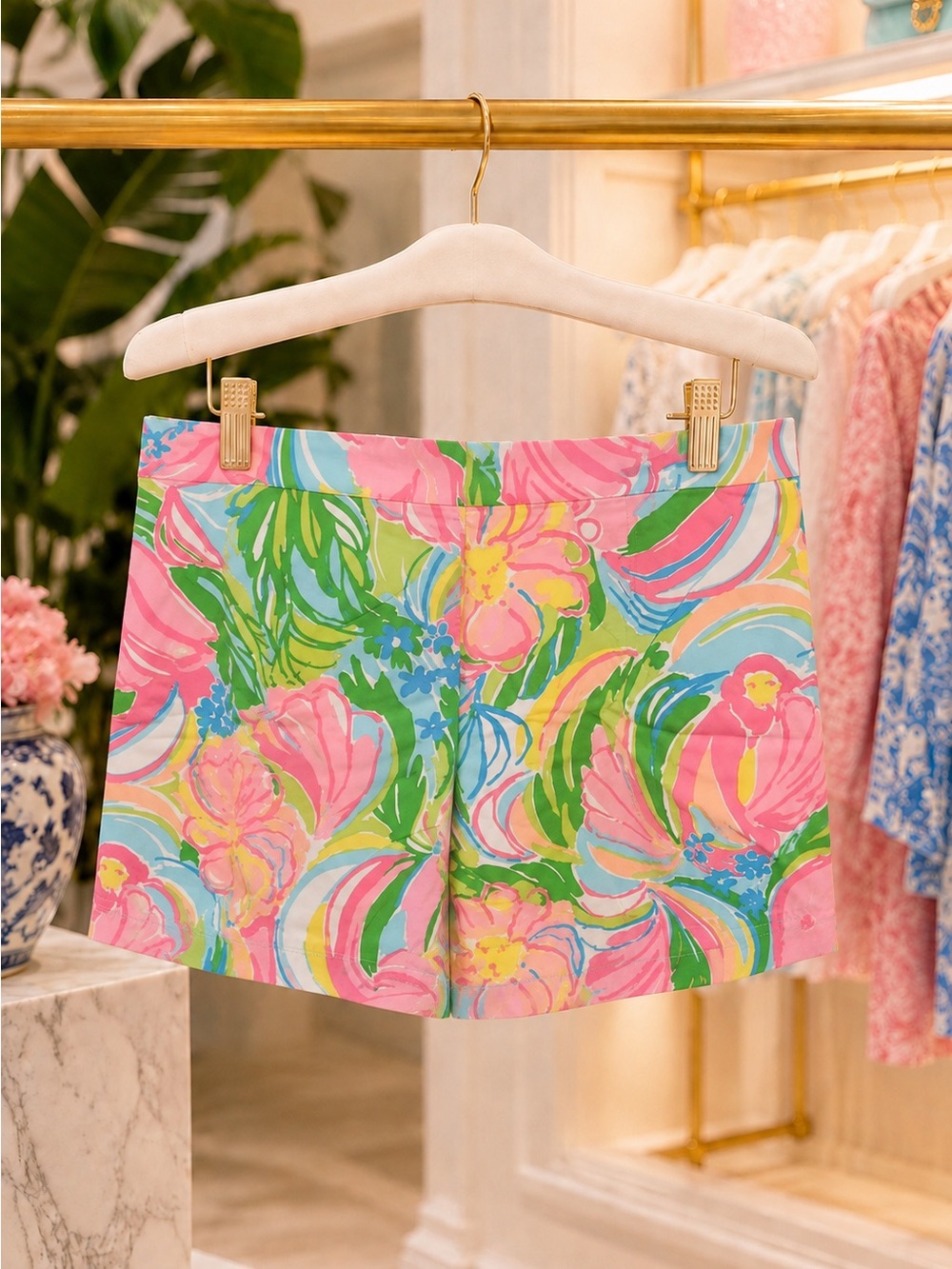 Lilly Pulitzer Pink Green Blue Tropical Print High-Waist Shorts